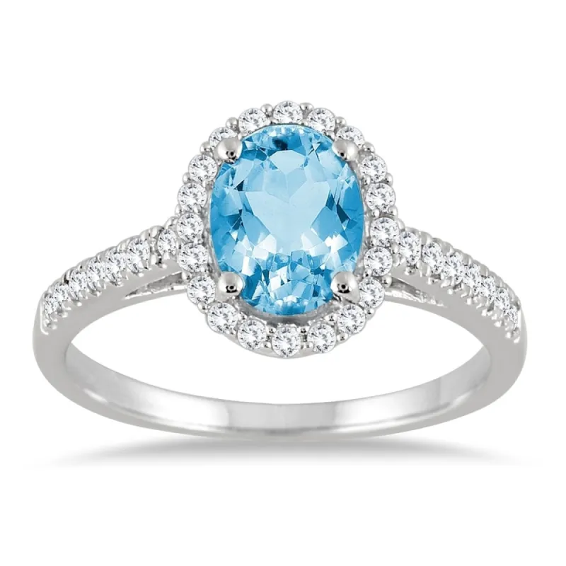 Blue Topaz and Diamond Halo Ring in 10K White Gold sold by Zulily