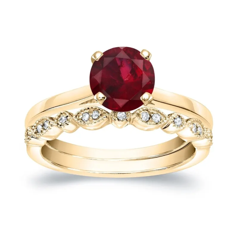 Auriya Vintage Stackable 7/8ct Red Ruby Solitaire and 1/6ctw Diamond Engagement Ring Set 14k Gold made by Zulily
