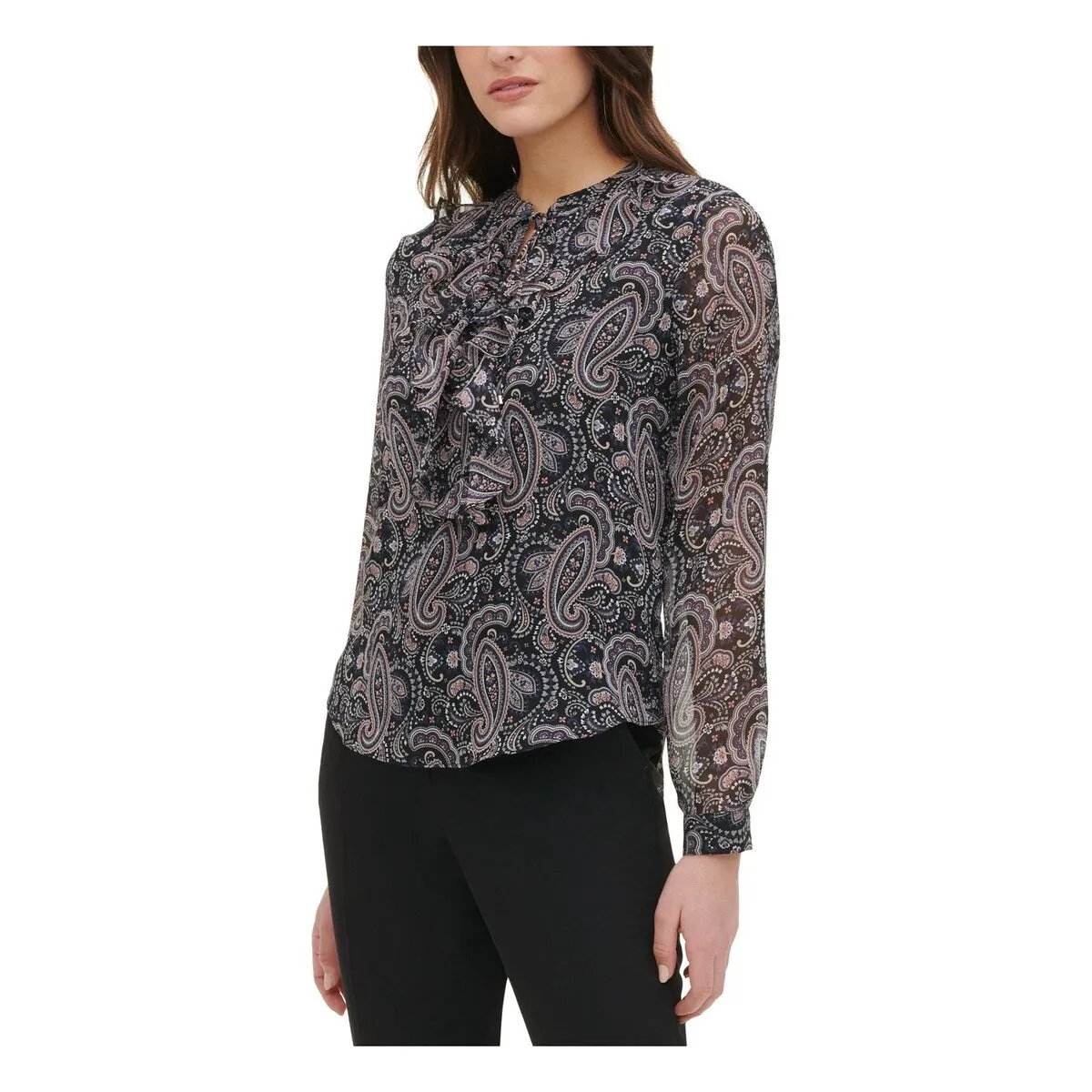 Tommy Hilfiger Women's Paisley Long Sleeve Crew Neck Blouse Black Size Small sold by Zulily