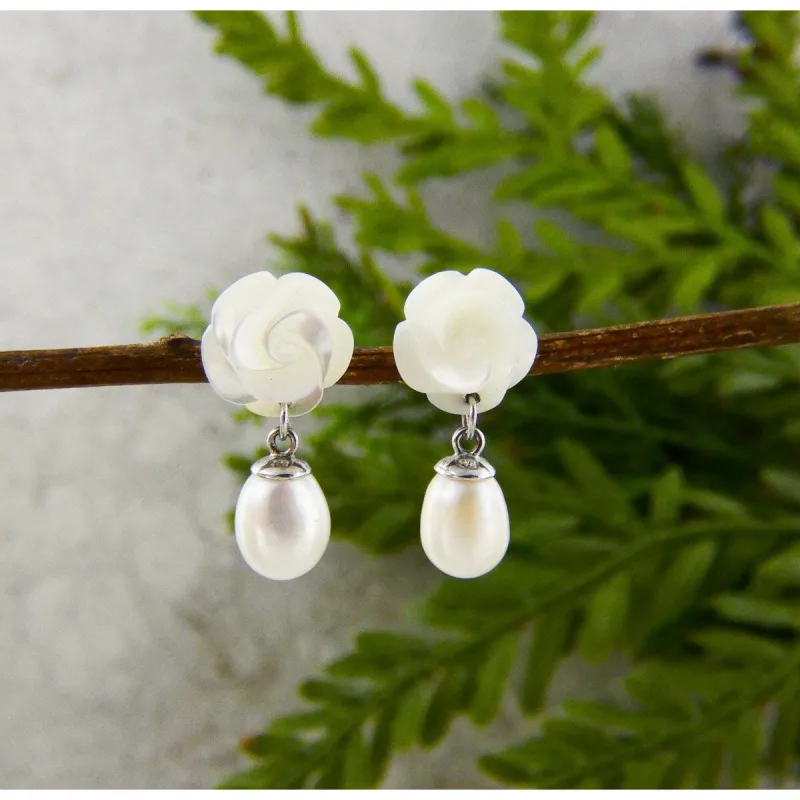 Vera & Co. Sterling Silver Mother of Pearl Carved Rose with Dangle Freshwater Pearl Earring sold by Zulily