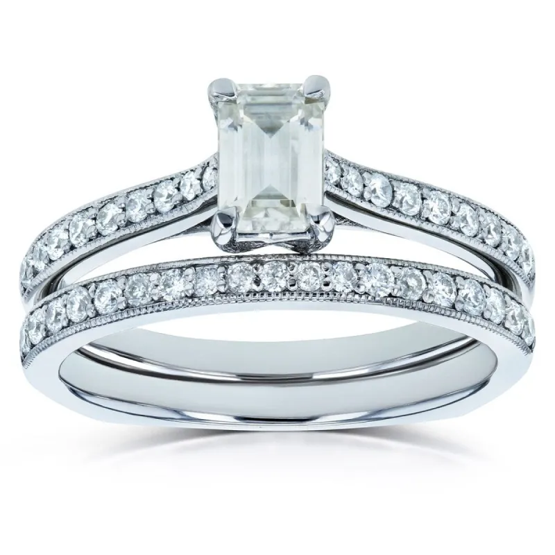 Annello by Kobelli 14k Gold 1ct TGW Emerald Moissanite and Diamond Square Euro Shank Vintage Trellis Bridal Rings Set sold by Zulily