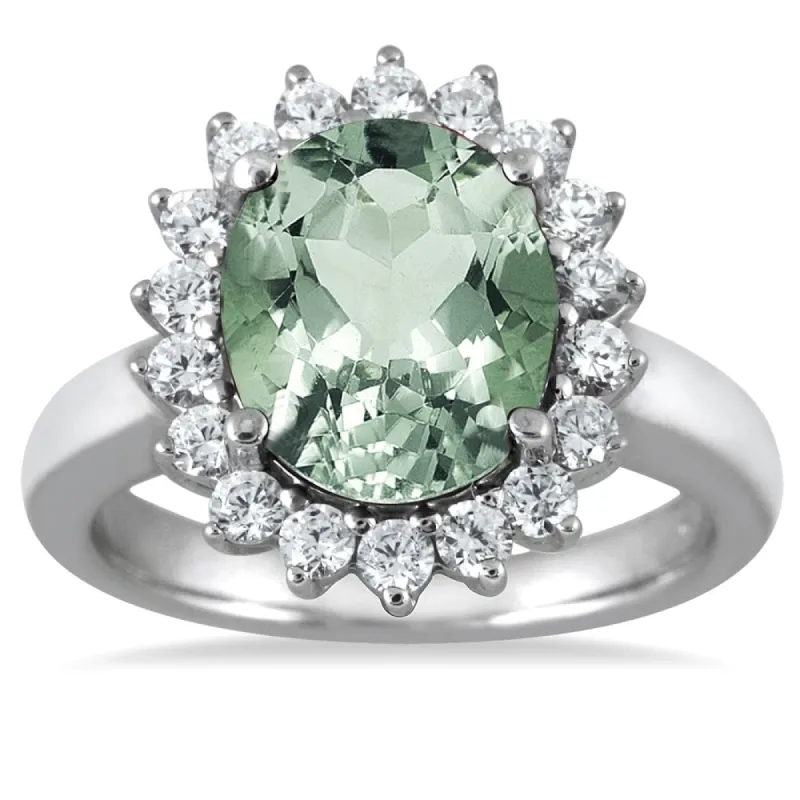 4 Carat Green Amethyst and Diamond Ring in 14K White Gold sold by Zulily