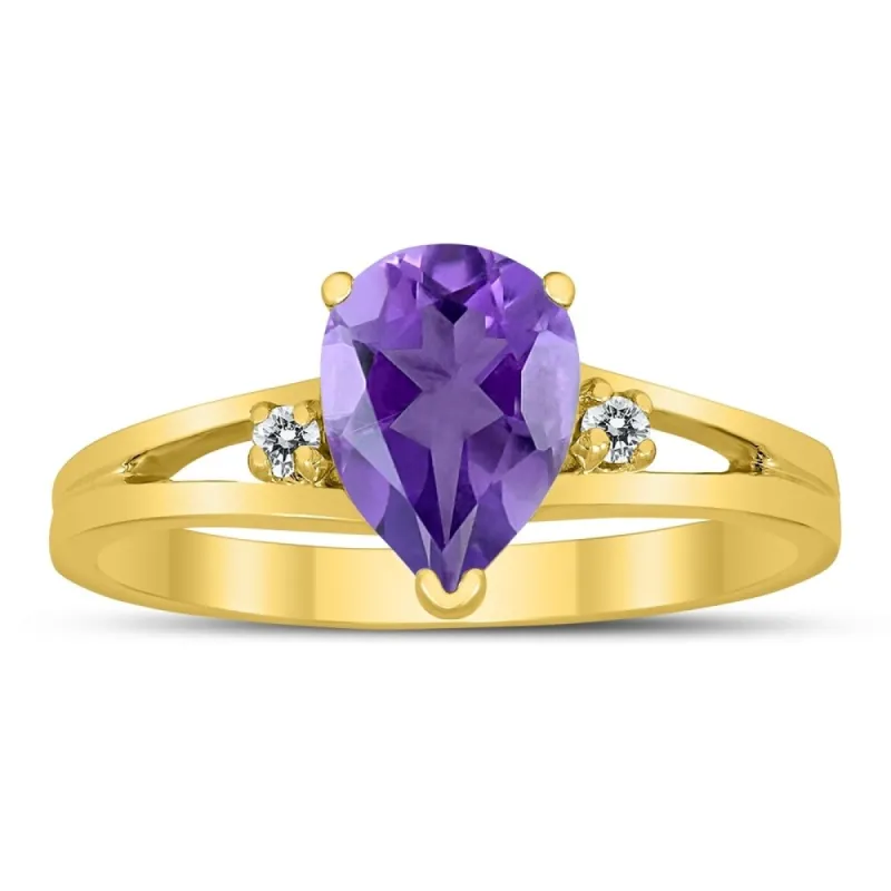 8X6MM Amethyst and Diamond Pear Shaped Open Three Stone Ring in 10K Yellow Gold sold by Zulily