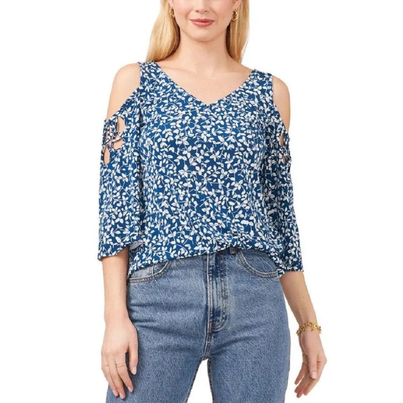 Vince Camuto Women's Lovely Floral Printed Cold Shoulder Top Blue Size X-Small sold by Zulily