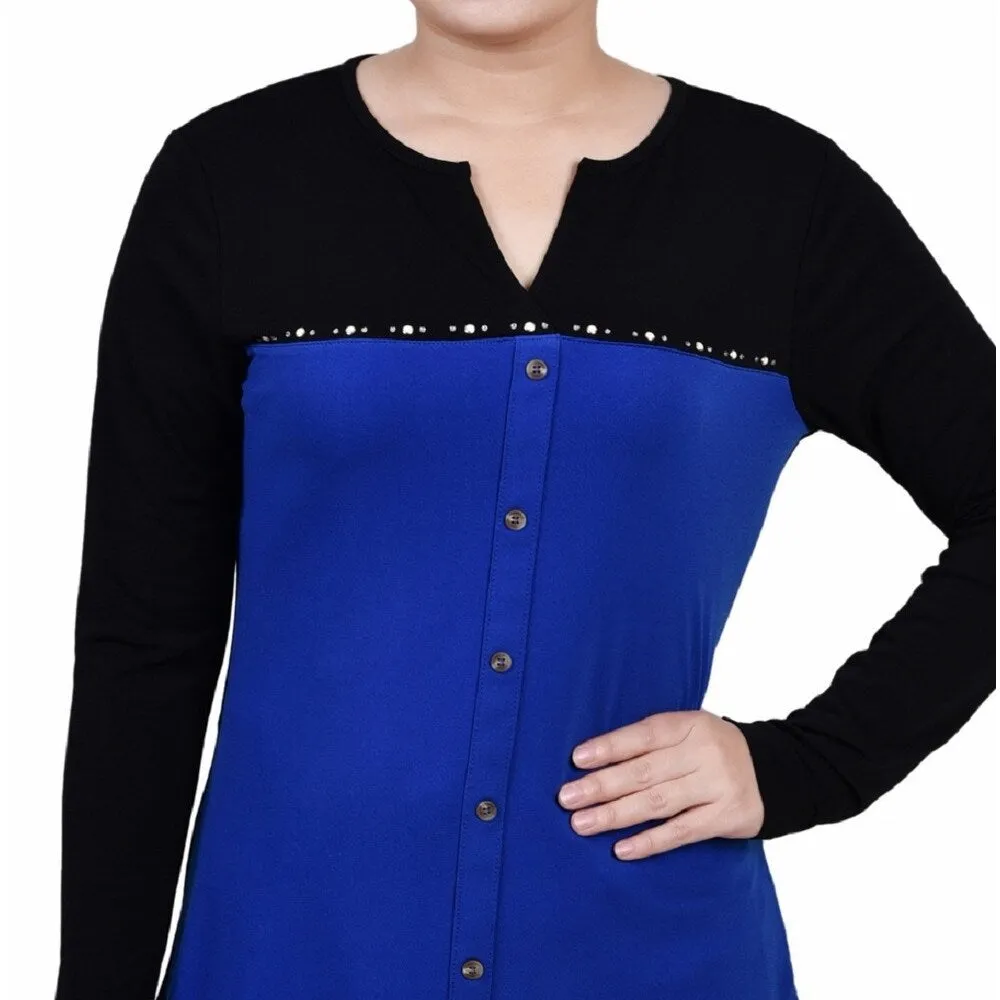 NY Collection Women's Long Sleeve Studded Colorblocked Split Neck Top Blue Size Petite X-Large sold by Zulily product image thumbnail 2