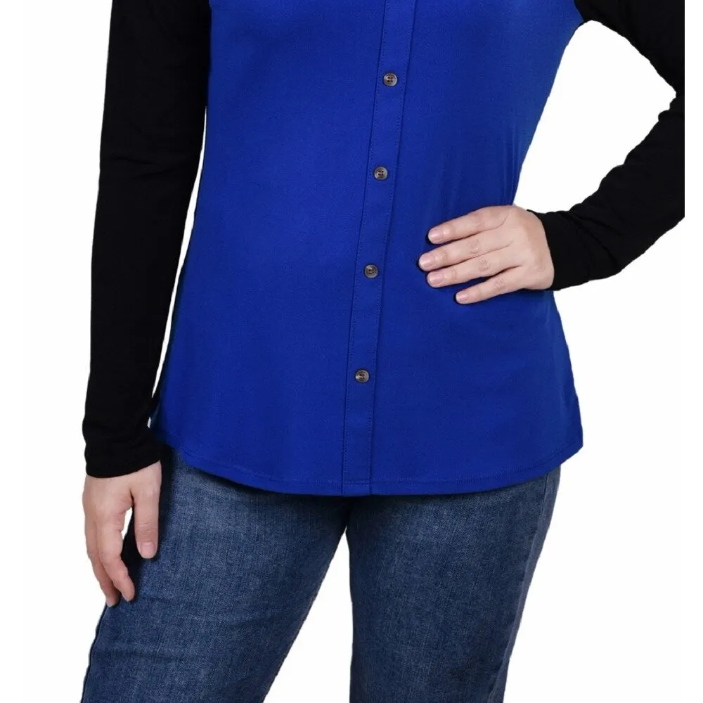 NY Collection Women's Long Sleeve Studded Colorblocked Split Neck Top Blue Size Petite X-Large sold by Zulily product image thumbnail 3