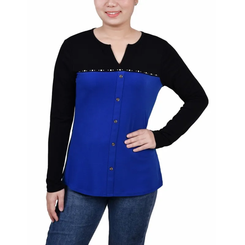 NY Collection Women's Long Sleeve Studded Colorblocked Split Neck Top Blue Size Petite X-Large sold by Zulily