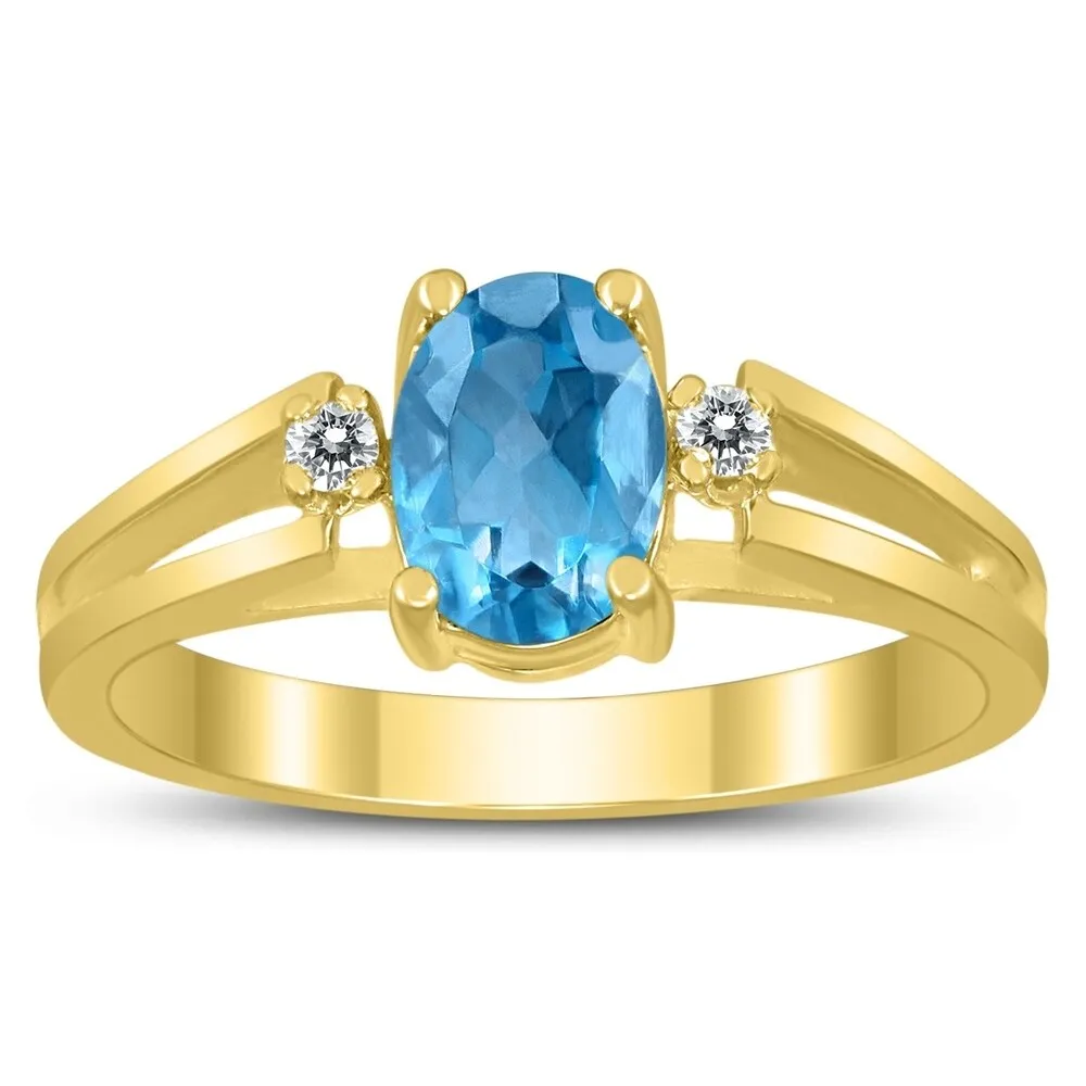 7X5MM Blue Topaz and Diamond Open Three Stone Ring in 10K Yellow Gold sold by Zulily