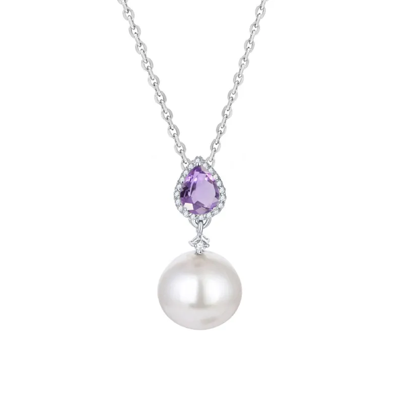 Sterling Silver Natural Amethyst and Shell Pearl Drop Pendant Necklace 18" Chain sold by Zulily