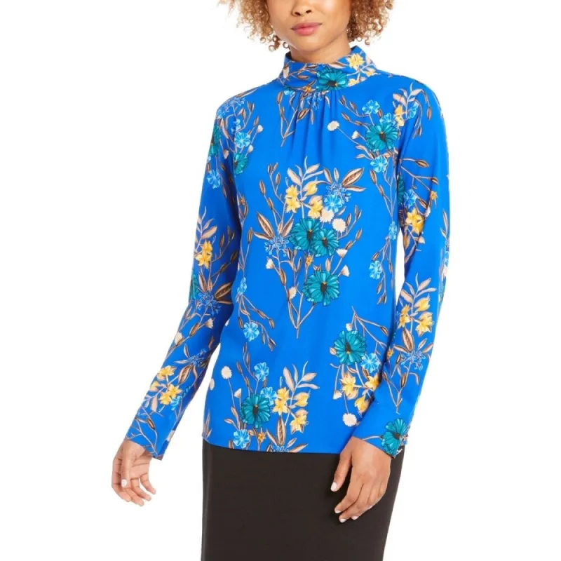 Calvin Klein Women's Floral Print Mock Neck Top Blue Size Large sold by Zulily