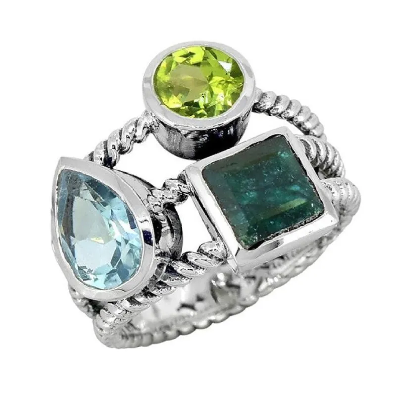 Blue Topaz Peridot Corundum Emerald Sterling Silver Three Stone Ring sold by Zulily