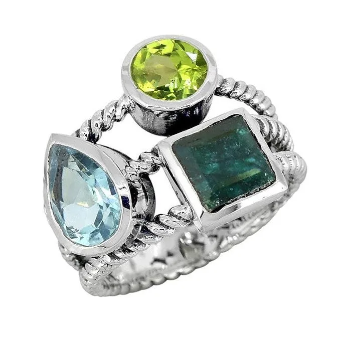 Blue Topaz Peridot Corundum Emerald Sterling Silver Three Stone Ring sold by Zulily