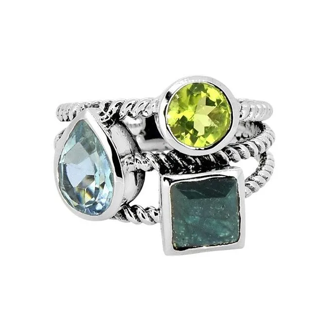 Blue Topaz Peridot Corundum Emerald Sterling Silver Three Stone Ring sold by Zulily product image thumbnail 4