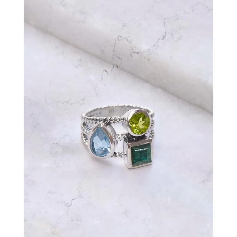 Blue Topaz Peridot Corundum Emerald Sterling Silver Three Stone Ring sold by Zulily product image thumbnail 2