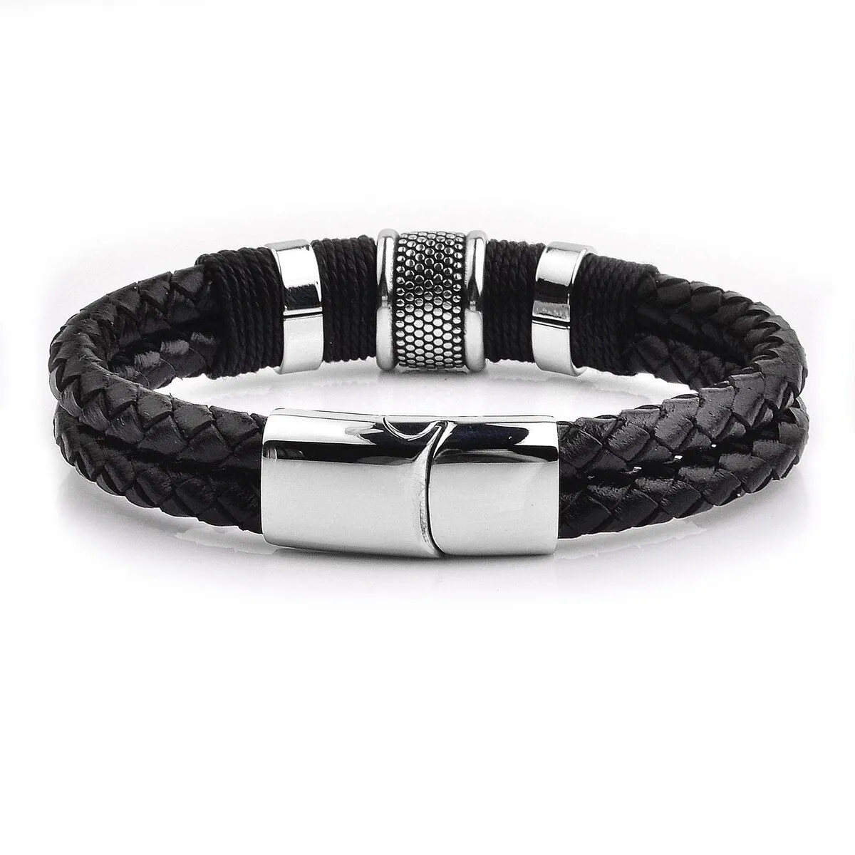 Men's Stainless Steel Woven Leather Bracelet - 8.5 Inches sold by Zulily product image thumbnail 3