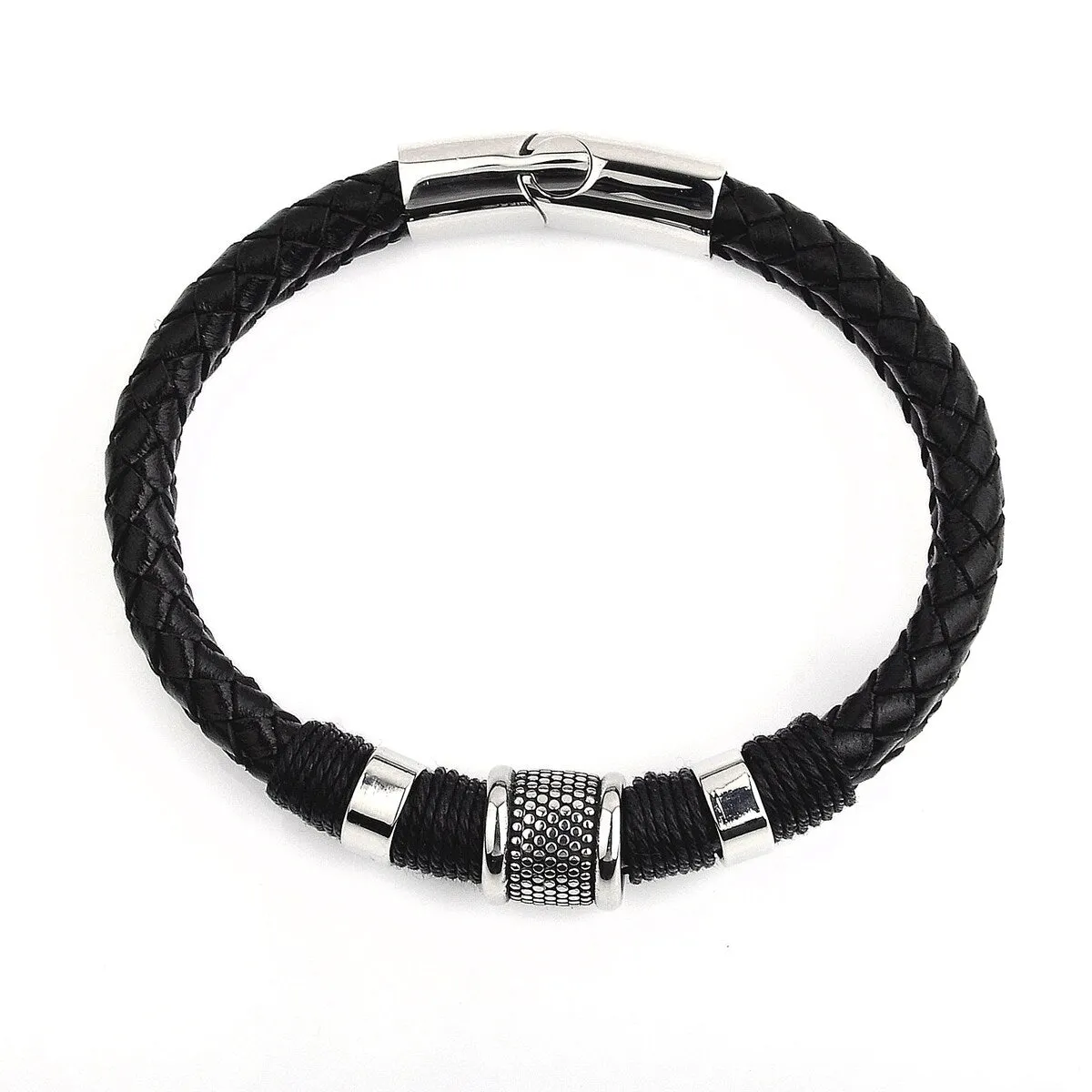 Men's Stainless Steel Woven Leather Bracelet - 8.5 Inches sold by Zulily product image thumbnail 4