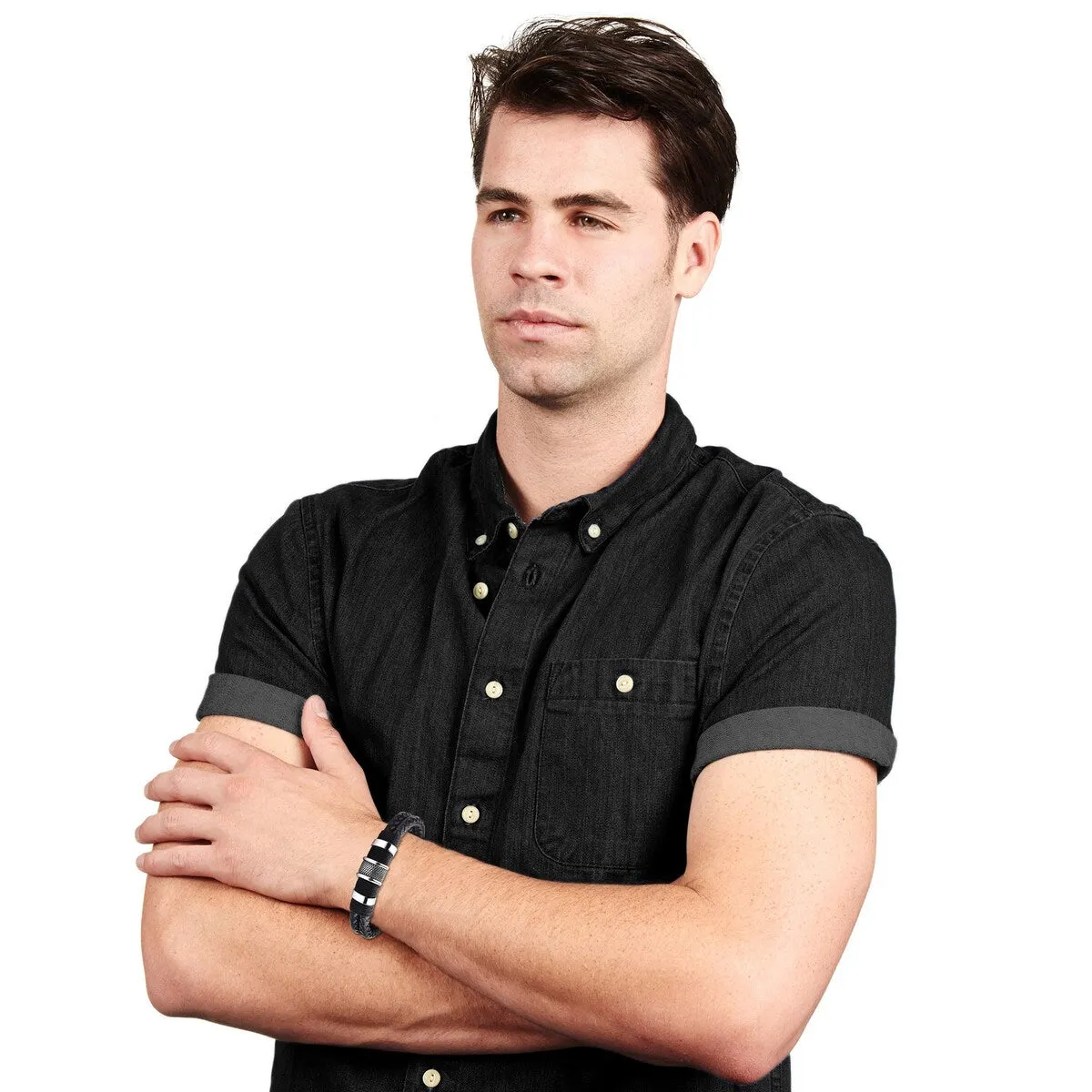 Men's Stainless Steel Woven Leather Bracelet - 8.5 Inches sold by Zulily product image thumbnail 2