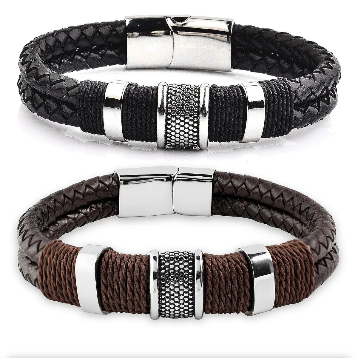 Men's Stainless Steel Woven Leather Bracelet - 8.5 Inches sold by Zulily