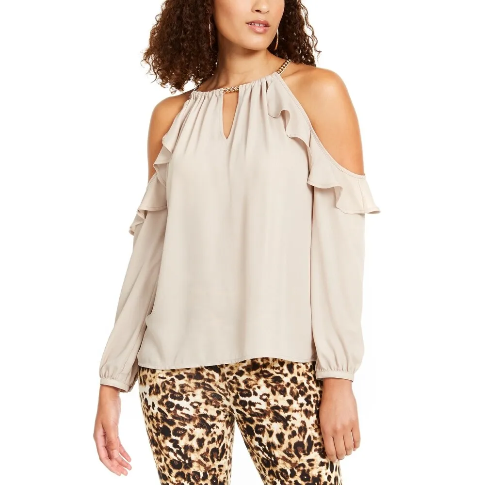 Thalia Sodi Women's Ruffled Cold-Shoulder Top Beige Size Small sold by Zulily