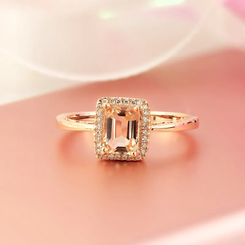 Auriya 9/10ct Emerald-Cut Morganite and 1/10ctw Halo Diamond Ring 10-karat Rose Gold sold by Zulily