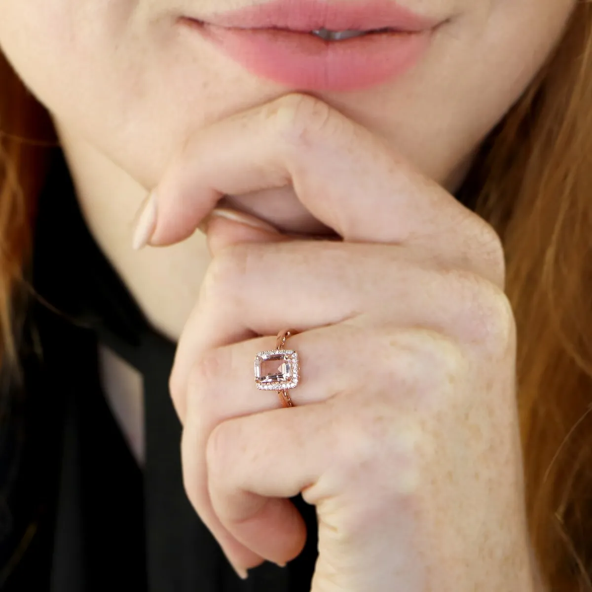 Auriya 9/10ct Emerald-Cut Morganite and 1/10ctw Halo Diamond Ring 10-karat Rose Gold sold by Zulily product image thumbnail 2