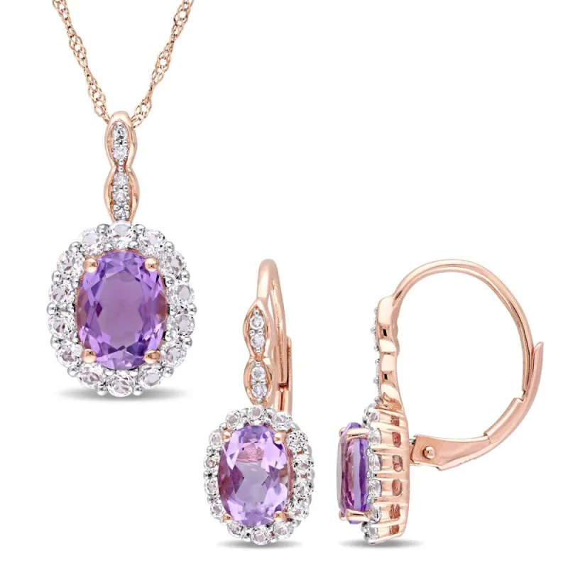 Miadora Signature Collection 14k Rose Gold Amethyst White Topaz Diamond Halo Necklace & Leverback Earrings Set sold by Zulily