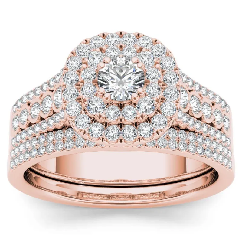 De Couer IGI Certified 10k Rose Gold 1ct TDW Diamond Double Halo Engagement Ring Set with One Band sold by Zulily