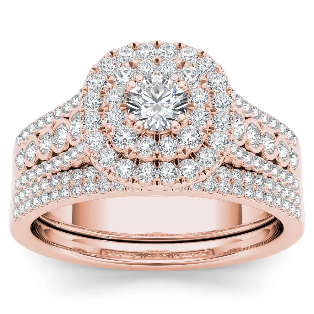 De Couer IGI Certified 10k Rose Gold 1ct TDW Diamond Double Halo Engagement Ring Set with One Band sold by Zulily