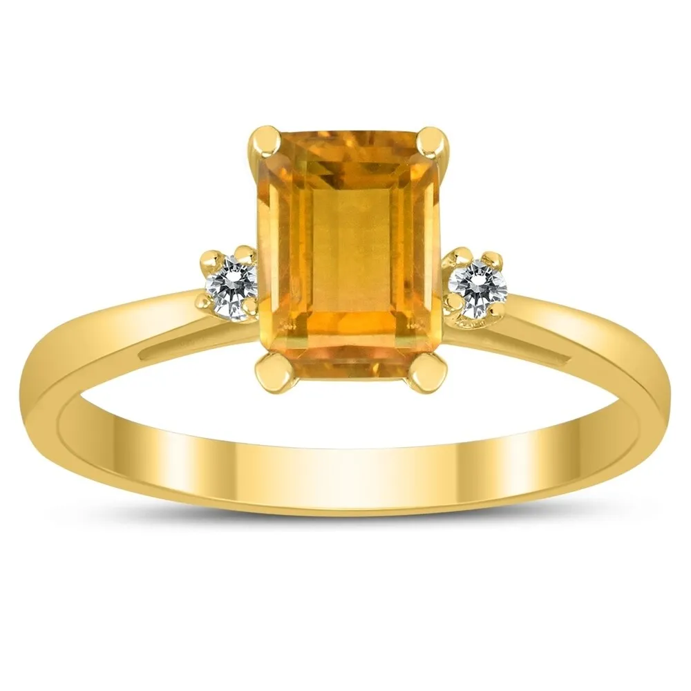 Emerald Cut 7X5MM Citrine and Diamond Three Stone Ring in 10K Yellow Gold sold by Zulily