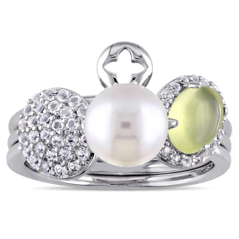 Miadora Sterling Silver Cultured Freshwater Pearl Yellow Dyed Quartz White Topaz 3-Piece Stackable Ring Set (7.5- 8 mm) sold by Zulily