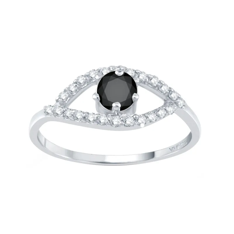 Sterling Silver Natural Black Diamond and White Zircon Evil Eye Ring sold by Zulily