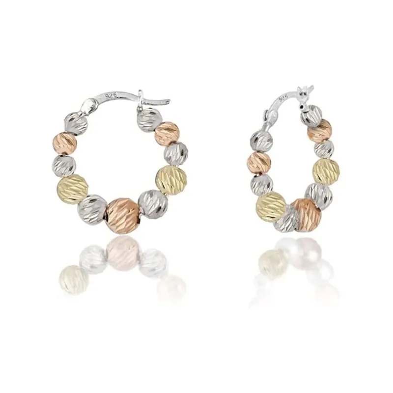 925 Sterling Silver Tri Color Graduated Beaded Round Hoop Earrings - Tri Color sold by Zulily