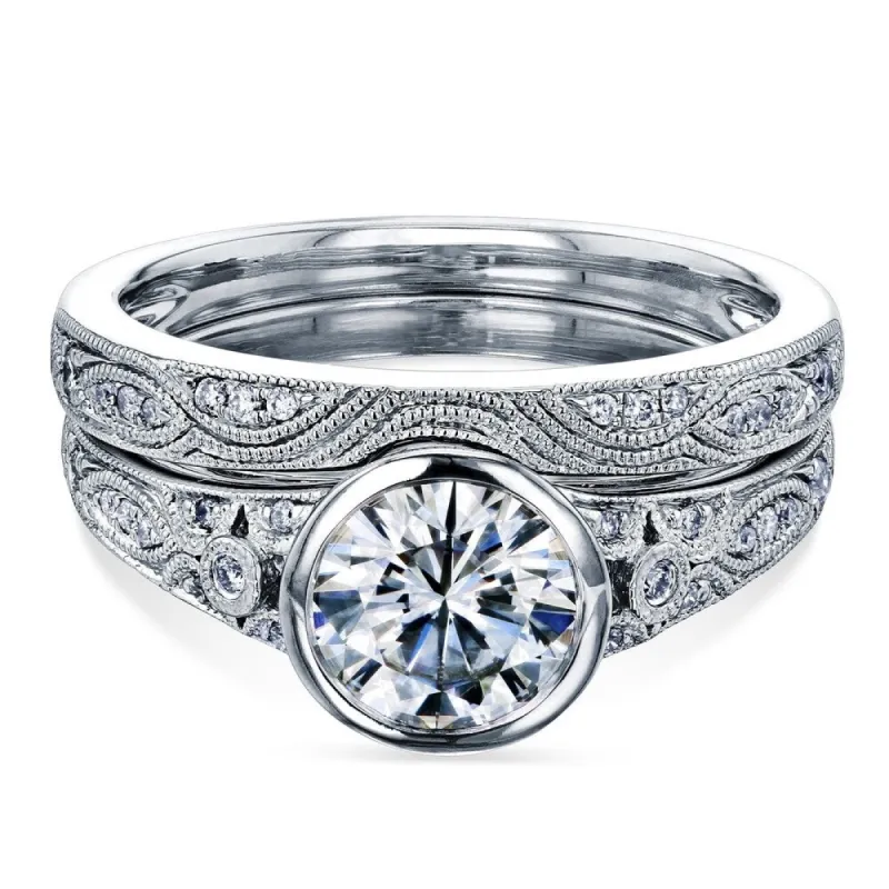 Annello by Kobelli 14k White Gold 1 1/10ct TGW Bezel Moissanite and Diamond Vintage Bridal Set, Low Setting (DEF/VS, GH/I) sold by Zulily