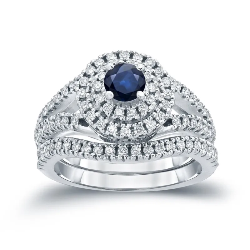 14k Gold 2/5ct Sapphire and 4/5ct TDW Diamond Halo Engagement Ring Set by Auriya sold by Zulily