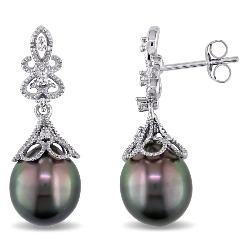 Miadora 14k White Gold Tahitian Black Pearl and 1/10ct TDW Diamond Vintage Drop Earrings (G-H, SI1-SI2) (9-9.5 mm) sold by Zulily