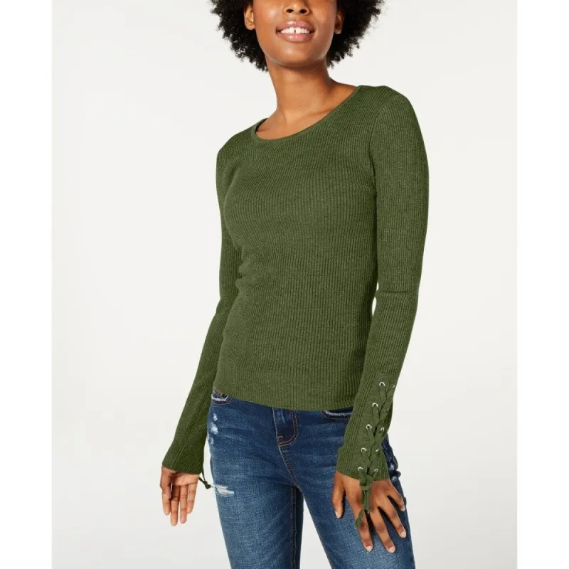 Hooked Up by IOT Juniors' Lace-Up Rib-Knit Sweater Green Size Small sold by Zulily