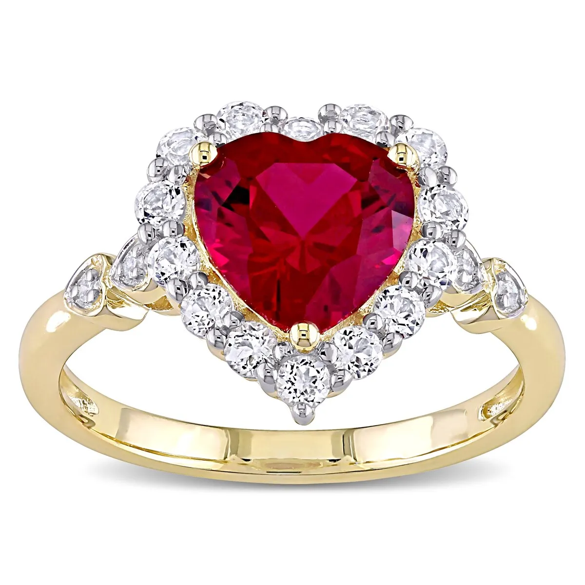 Miadora 10k Yellow Gold Created Ruby, White Topaz & Diamond Halo Heart Engagement Ring sold by Zulily