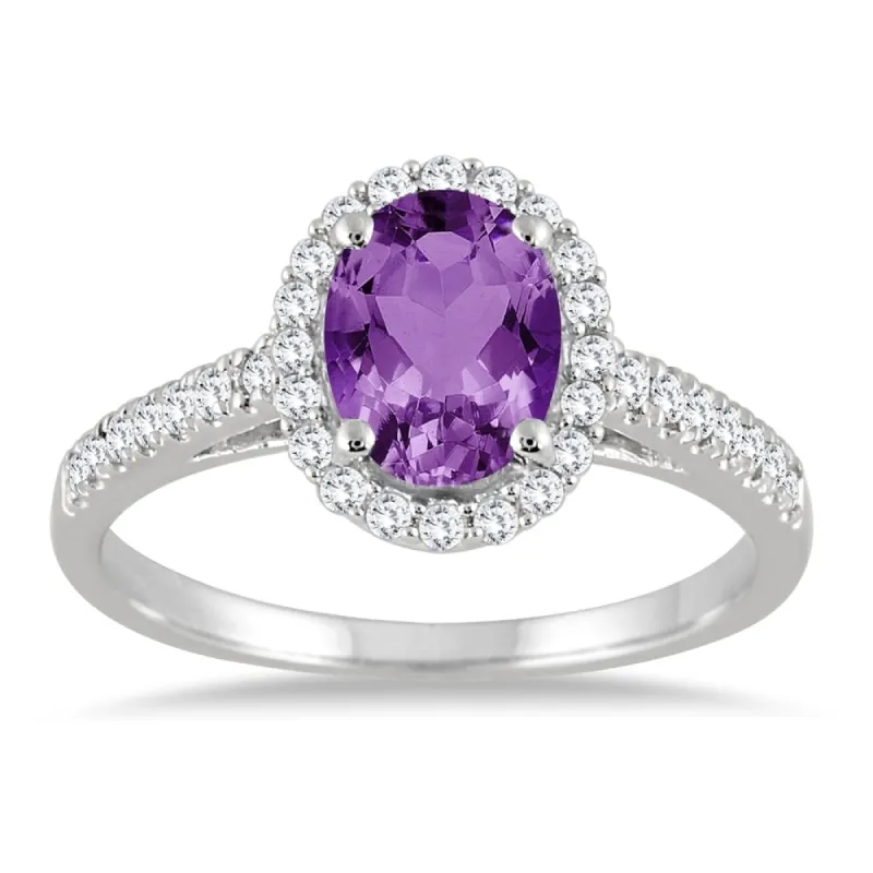 Amethyst and Diamond Halo Ring in 10K White Gold sold by Zulily