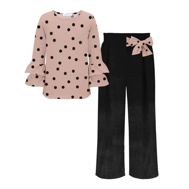 Pink Polka Dot Print Ruffle Long-Sleeve Top & Black Wide-Leg Pants sold by Zulily