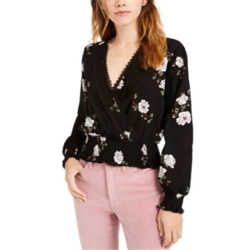 American Rag Junior's Lace Trim Smocked Surplice Top Black sold by Zulily