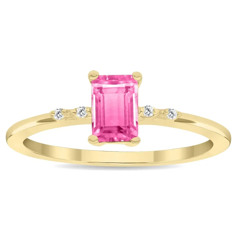 Women's Emerald Cut Pink Topaz and Diamond Sparkle Ring in 10K Yellow Gold sold by Zulily