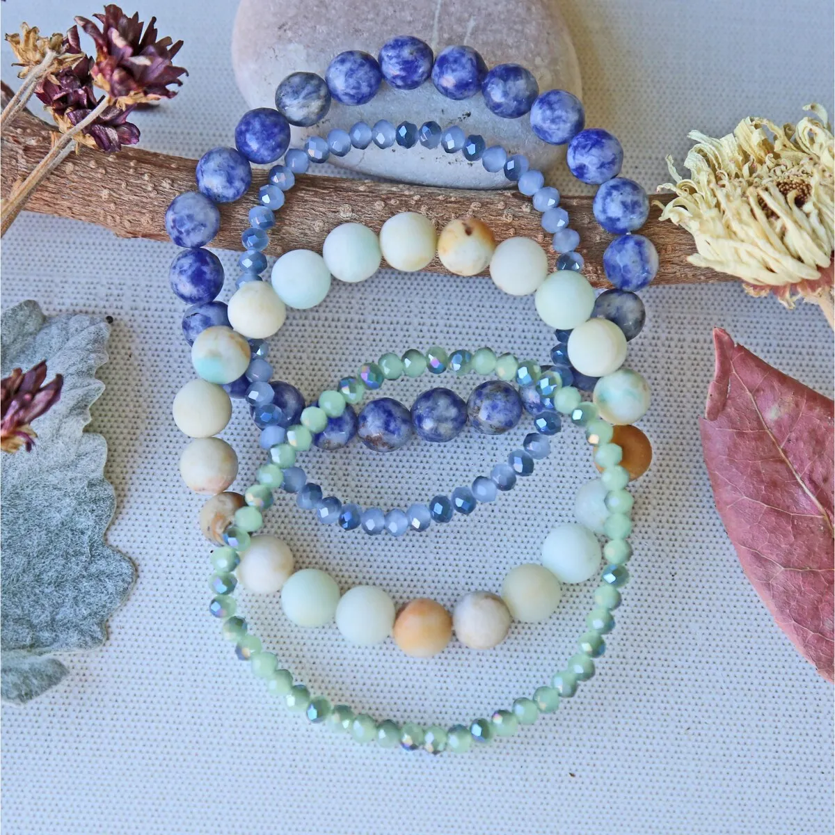 Genuine Amazonite, Genuine Sodalite & Crystals Stretch Bracelets set of 4 pieces sold by Zulily
