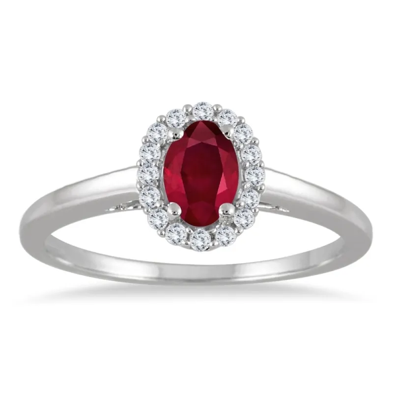 6x4MM Oval Shape Ruby and Diamond Halo Ring in 10K White Gold sold by Zulily