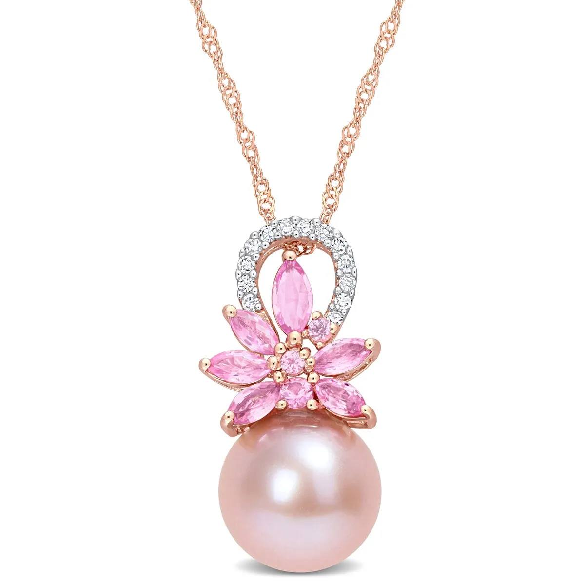 Miadora 9.5-10mm Cultured Freshwater Pearl and 1/2 ct TGW Pink Sapphire and Diamond Accent Flower 14k Rose Gold sold by Zulily