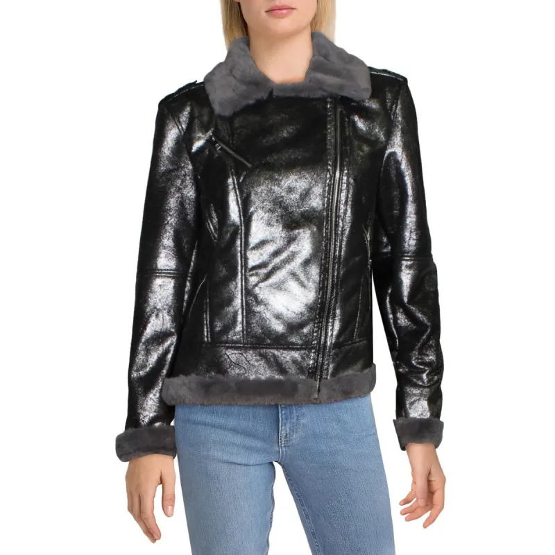 Tommy Hilfiger Women's Faux Shearling Metallic Moto Jacket Black Size Small sold by Zulily