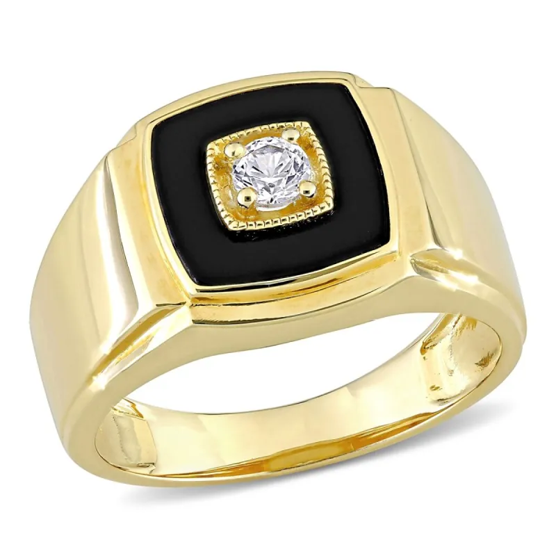 Miadora Yellow Plated Sterling Silver Men's Black Onyx & Created White Sapphire Halo Wedding Band sold by Zulily