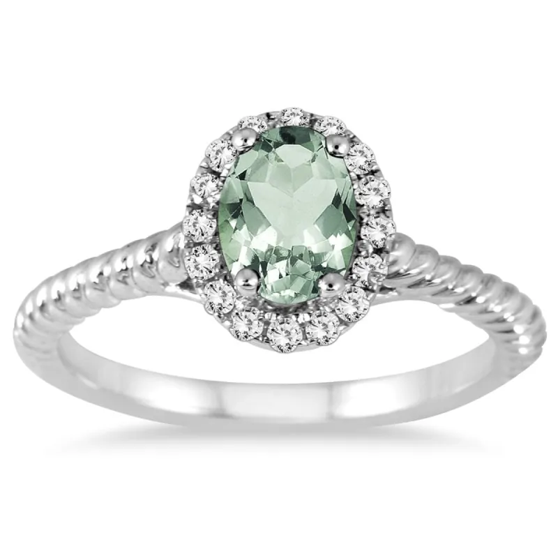 1 Carat Green Amethyst and Diamond Halo Rope Ring in 10K White Gold sold by Zulily