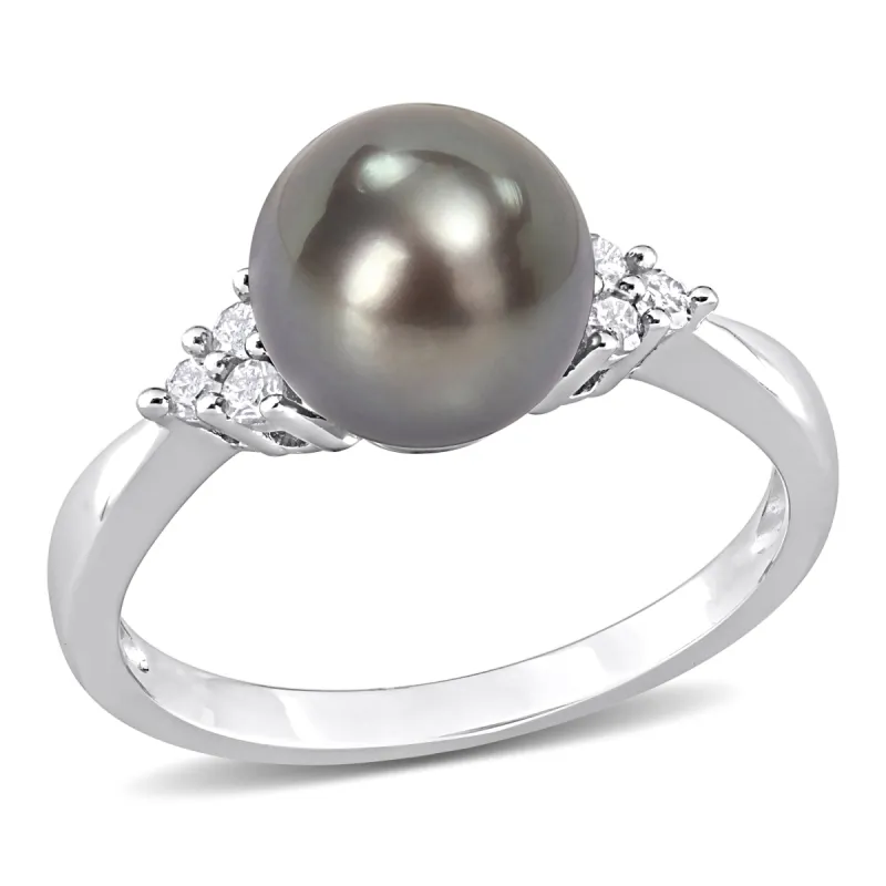 Miadora 8-8.5mm Black Tahitian Pearl and 1/8ct TDW Diamond Ring in Sterling Silver sold by Zulily