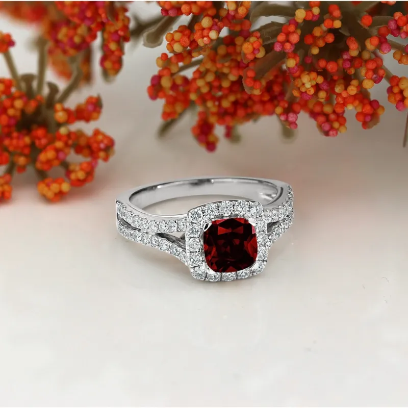 Auriya 9/10ct Cushion Cut Garnet Diamond Halo Engagement Ring 5/8ctw Platinum sold by Zulily