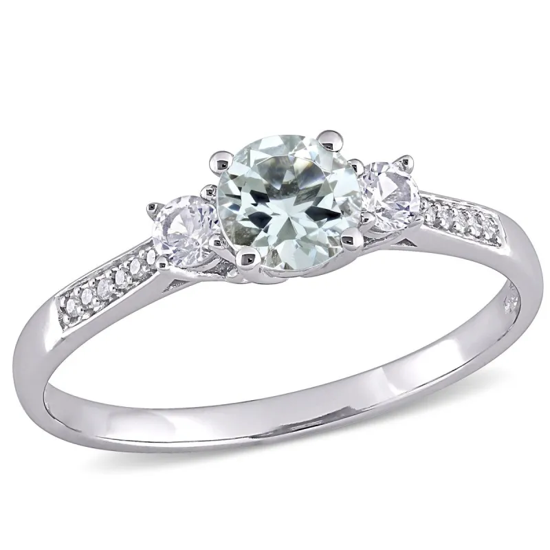 Miadora 10k White Gold Aquamarine Created White Sapphire and Diamond 3-Stone Engagement Ring sold by Zulily